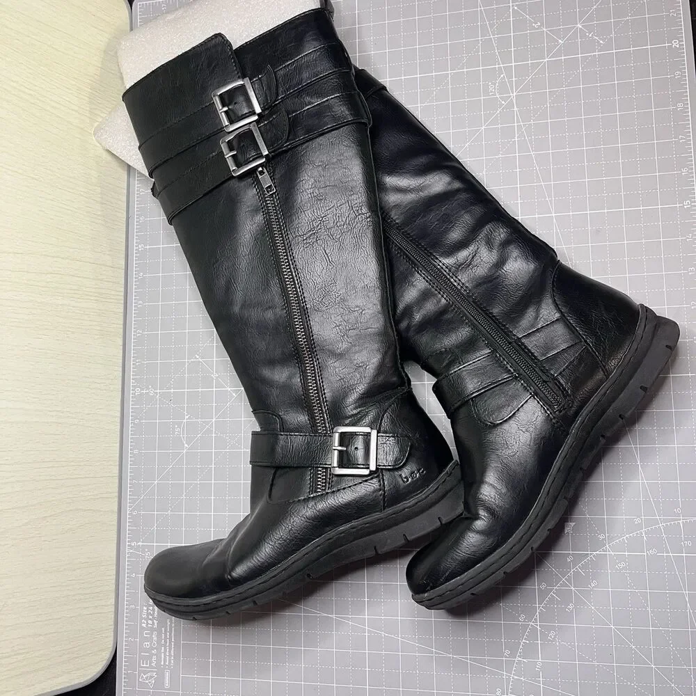 Born b.o.c Tall Black Leather Double Buckle Side Zip Riding Boots Women Sz 7.5